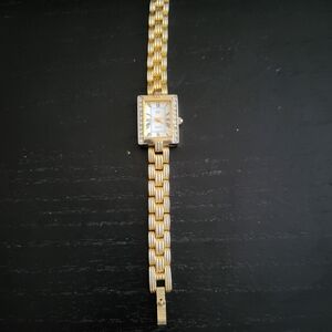 Gold-Tone Women's Bracelet Watch with Crystal-Trimmed Rectangular Dial